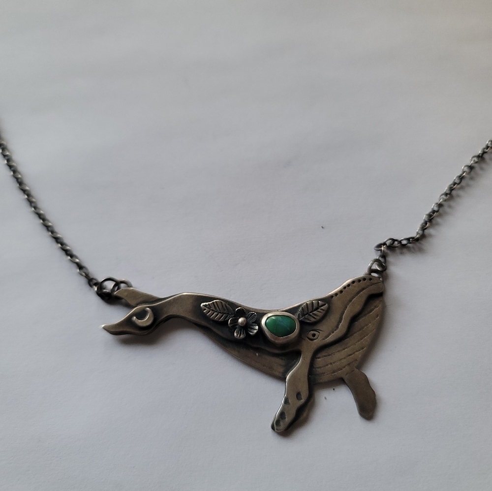 Sterling Silver Turquoise Humpback Whale Necklace - 20.5"